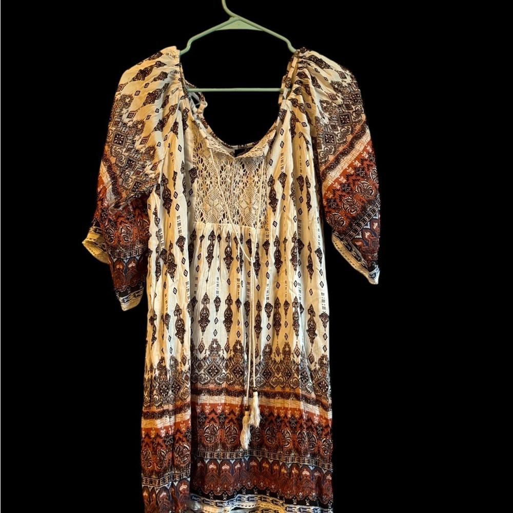 Angie Cream and Brown Patterned Tunic Top